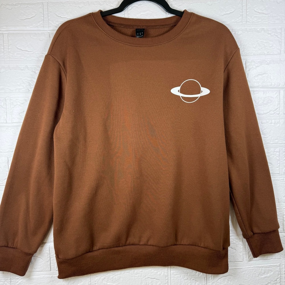 Planet Graphic Sweatshirt Womens Small Brown Saturn Space Pullover